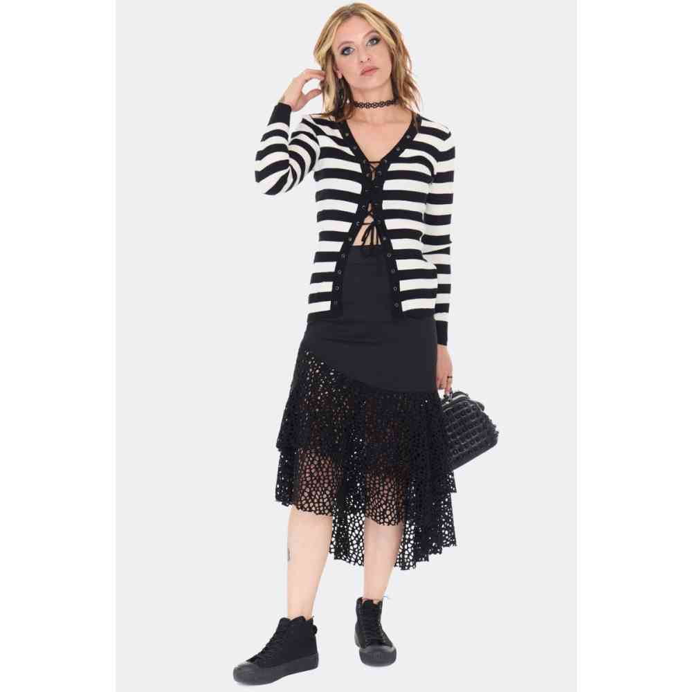 Jawbreaker - Striped White Lace Up Eyelet Strickjacke - Weiß/Schwarz